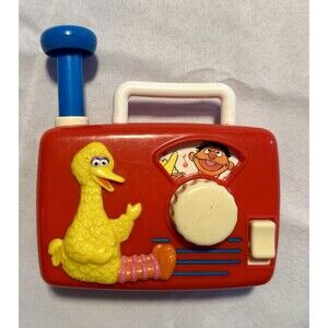 Sesame Street Big Bird Elmo Oscar Radio Toy Red Blue Handle Push Button Vintage